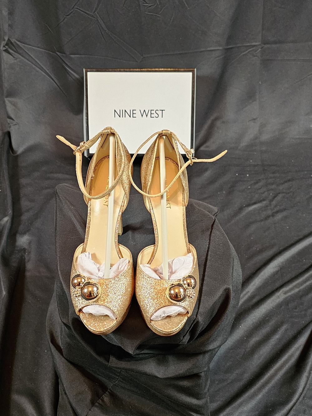 Nine West Gold Glitter Peep-Toe Ankle-Strap Heels with Metallic Orbs